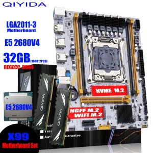 QIYIDA X99 Motherboard LGA 2011-3 Set Kit Xeon E5 2680 V4 CPU Processor 32G=2*16G DDR4 REG ECC RAM Memory NVME M.2 TPM2.0 plug 1