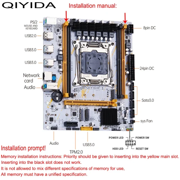 QIYIDA X99 Motherboard LGA 2011-3 Set Kit Xeon E5 2680 V4 CPU Processor 32G=2*16G DDR4 REG ECC RAM Memory NVME M.2 TPM2.0 plug 6