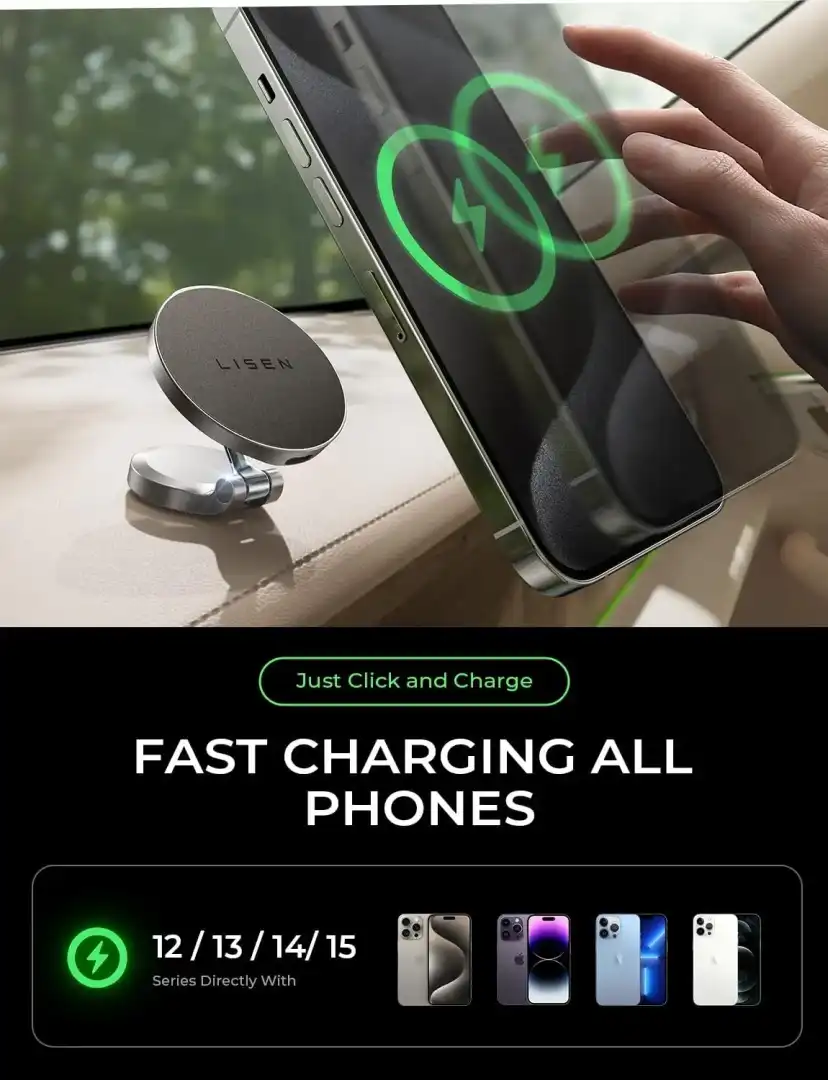 LISEN for Magsafe Car Mount Charger 15W, [360° Rotation] iPhone Wireless Car Charger Magnetic Foldable Car Phone Holder 5