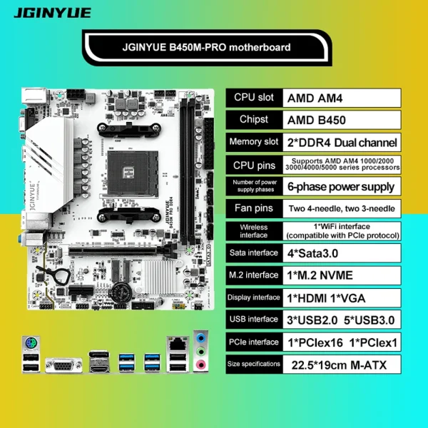 JGINYUE B450M PRO Motherboard AMD Processor Dual-channel DDR4 Memory AM4 Mainboard M.2 NVME (Supports Ryzen 5500 5600 5600G CPU) 4